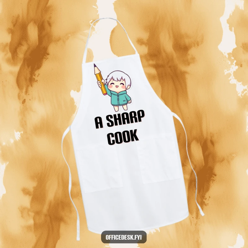 Funny apron with a tiny character holding a sharp pencil, symbolizing precision and success in the kitchen. Great for chefs.