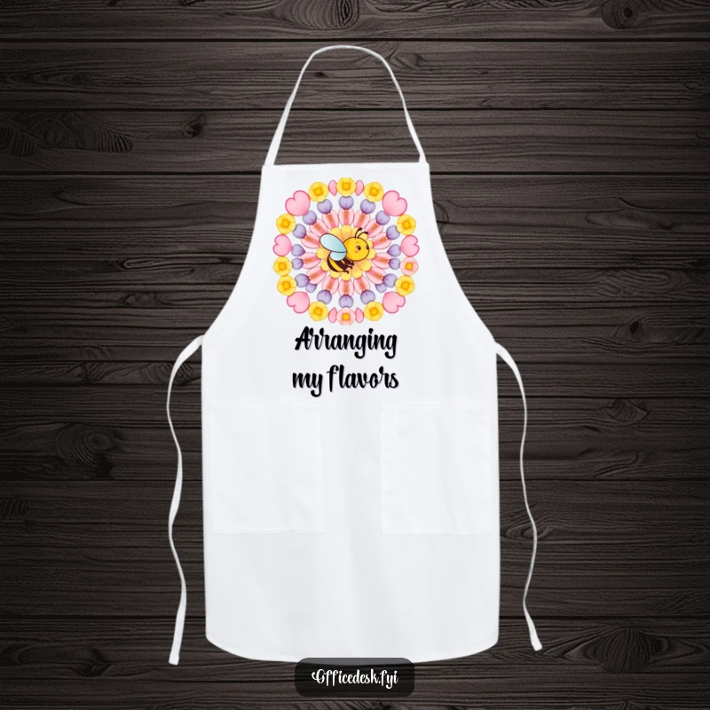 Funny apron with a busy bee arranging flower petals in a perfect geometric pattern, a symbol of meticulous artistic effort.