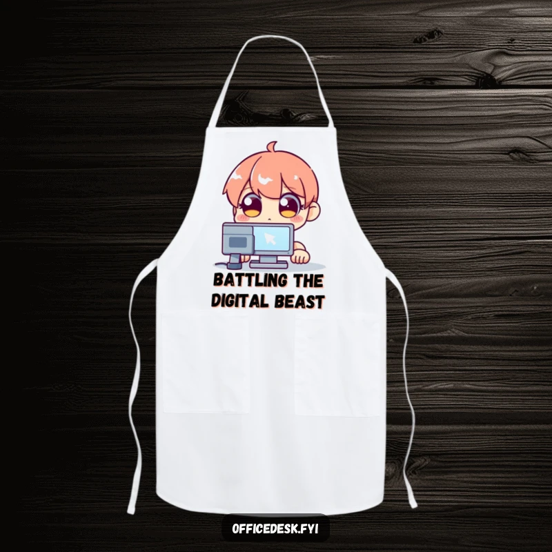 Funny apron showing a wide-eyed character staring at a blinking computer cursor, blending kitchen needs with tech humor.