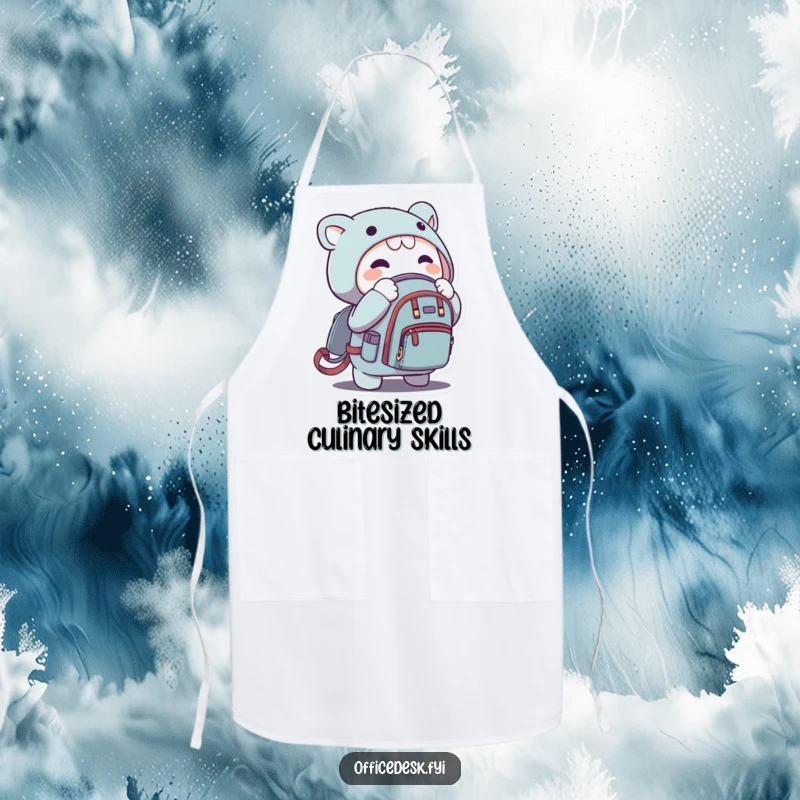 Funny apron showing a character zipping a microscopic backpack, ideal for humorous cooking sessions and culinary adventures.