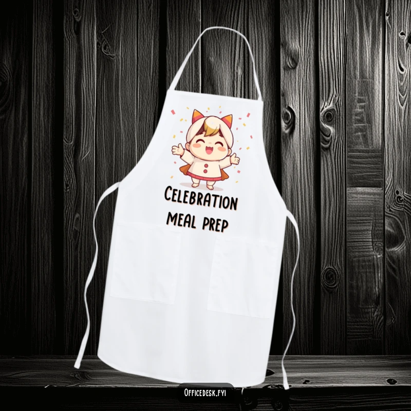 Funny apron featuring a happy character showering in confetti, ideal for kitchen celebrations and task completion with flair.