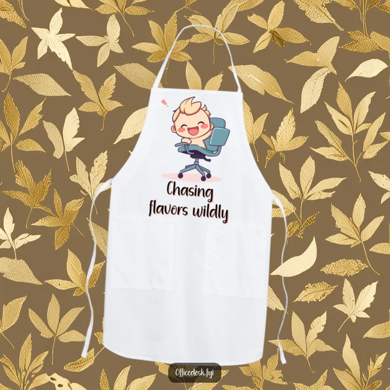 Funny apron featuring a smiling character joyfully wrestling a runaway office chair, perfect for humorous work tasks.