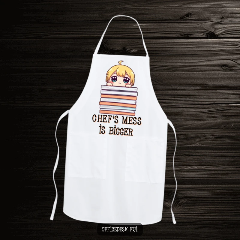 Funny apron showing a cute character peeking over a giant stack of papers, eyes wide, perfect for humorous kitchen tasks.