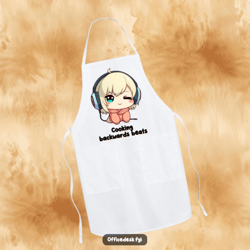 Funny apron with a cute character giving a mischievous wink while wearing headphones backwards, ideal for a humorous cook.