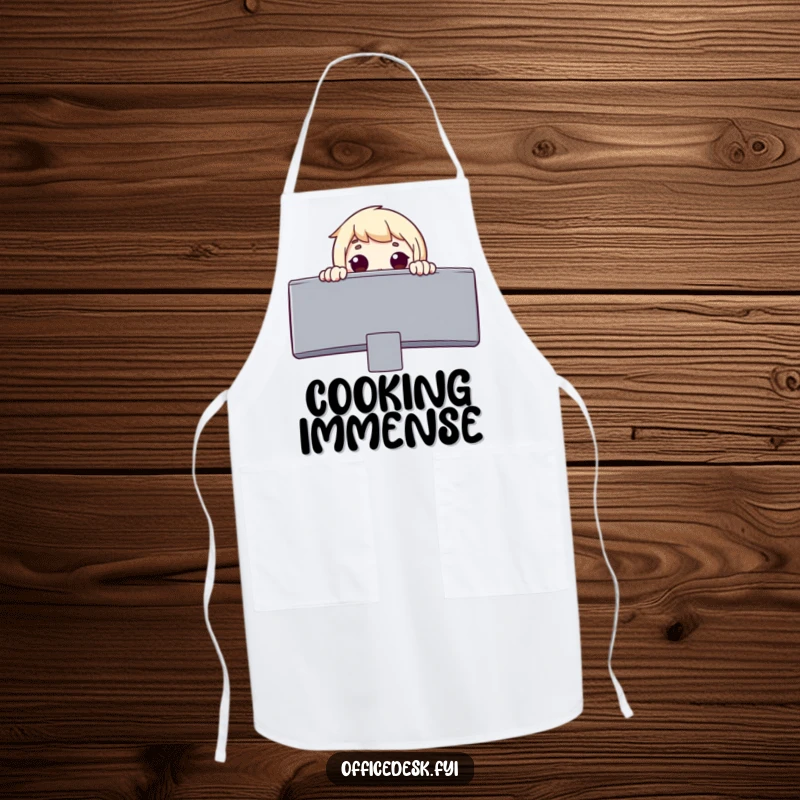 Funny apron featuring a surprised character peeking over a giant monitor with eyes wide in wonder, ideal for curious cooks.