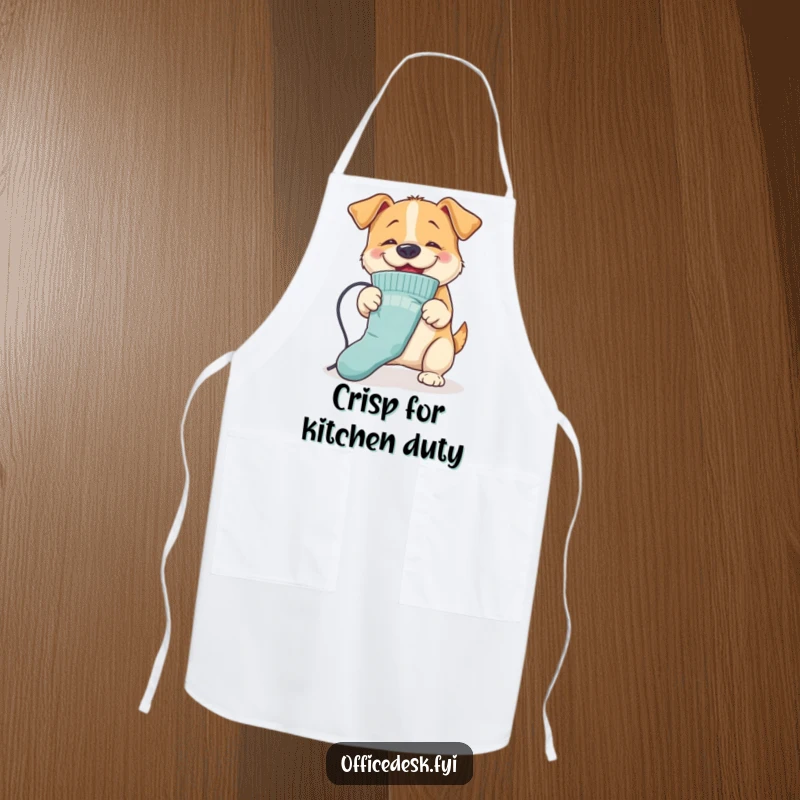 Funny Dog Ironing Apron: A bouncy dog ironing a sock with its nose, designed for kitchen duties with humorous, energetic flair.