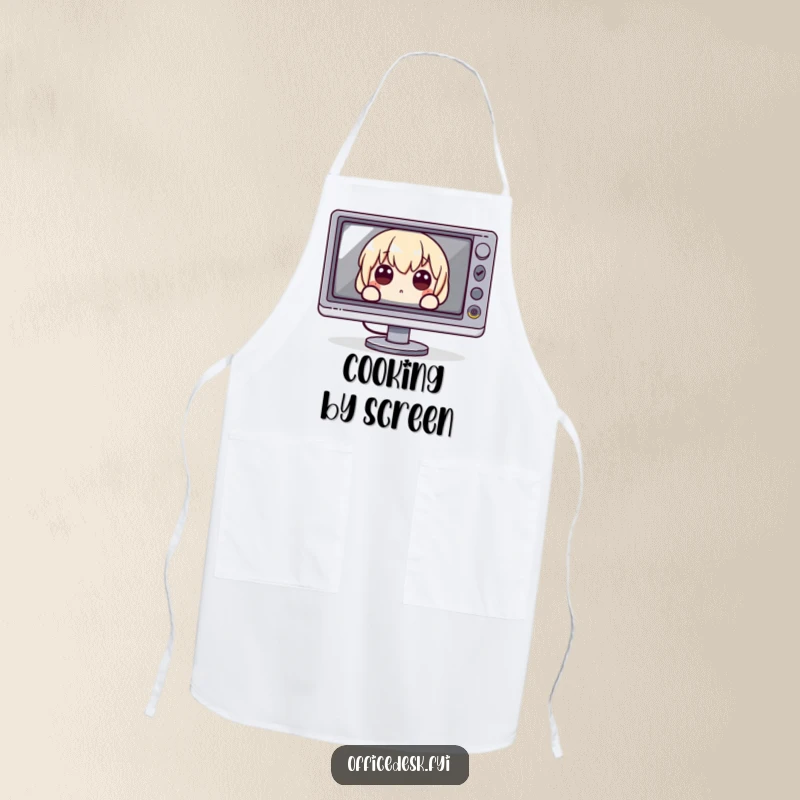 Funny Apron: A character peeking with wide eyes from behind a large monitor, a humorous kitchen accessory.