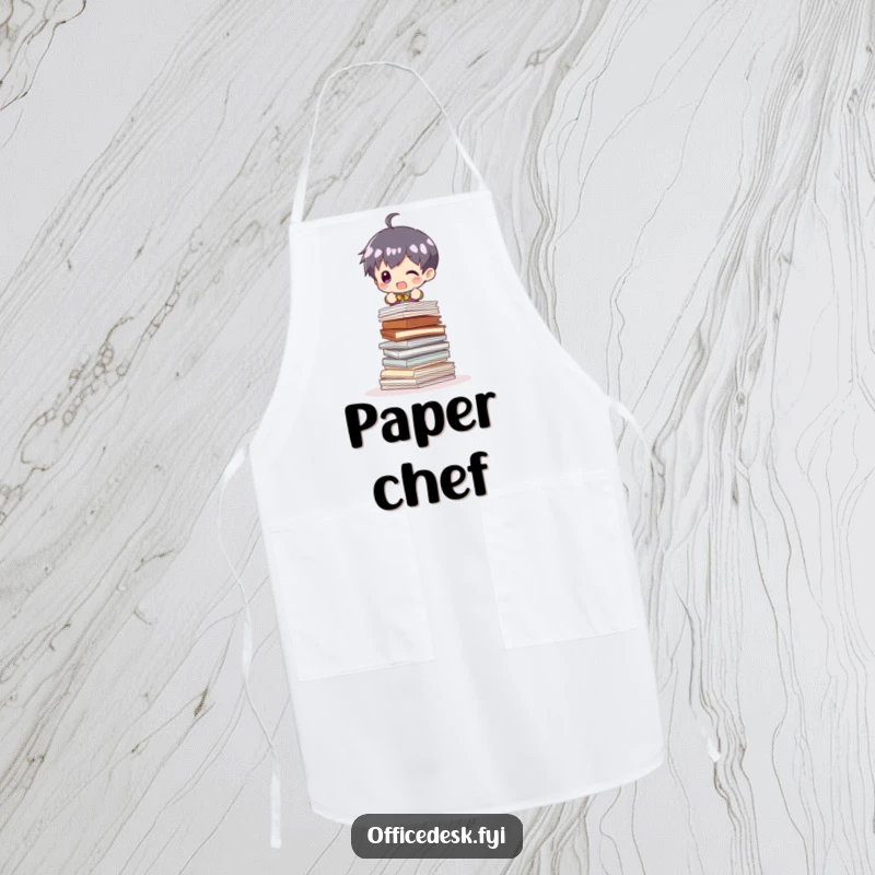 Funny Apron: A tiny figure trying to balance a massive pile of documents, a humorous kitchen accessory.