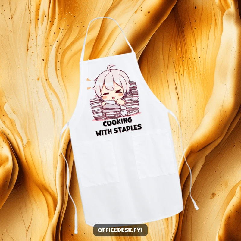 Funny Apron: A character winking while stapling a large stack of papers, a humorous kitchen accessory.
