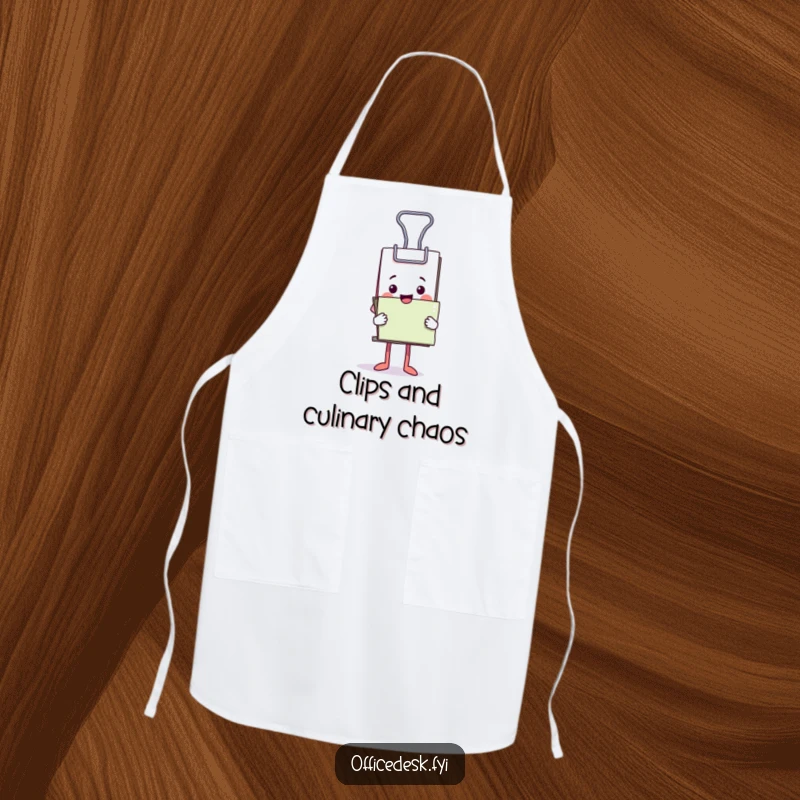 Funny apron with a happy binder clip character holding a stack of recipe papers.