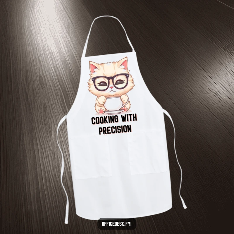 Funny Cat Glasses Apron: A cat in oversized glasses diligently polishing a teacup, designed for kitchen duties with a humorous, refined touch.