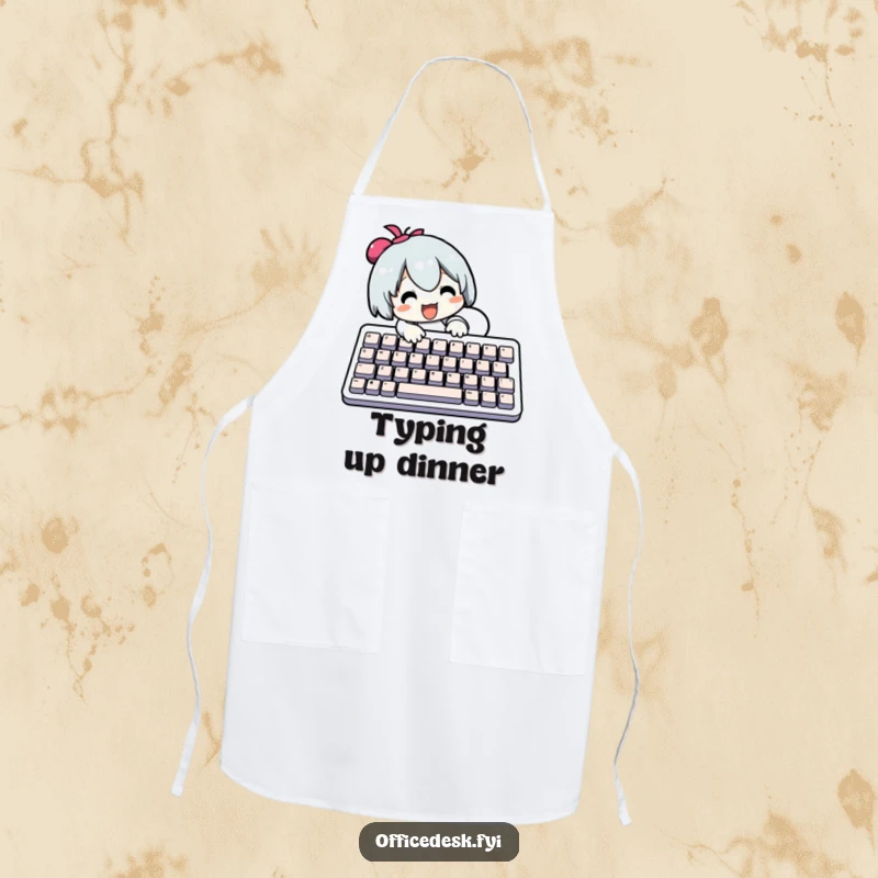 Funny Apron: Character typing on a giant keyboard, blending kitchen tasks with tech humor for a unique, funny gift.