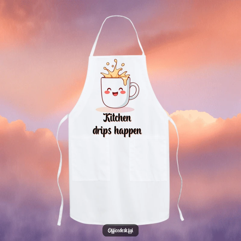 Funny apron depicting a cute coffee mug character happily spilling liquid, bringing cheer to the kitchen.