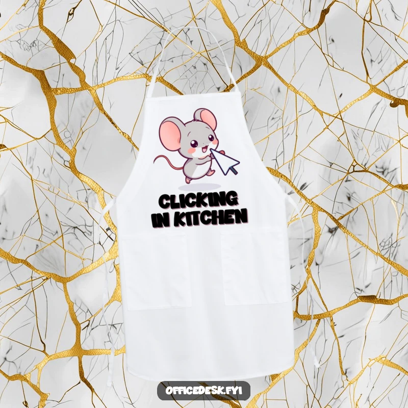 Funny apron depicting a small computer mouse character playfully chasing a cursor, bringing digital flair to the kitchen.