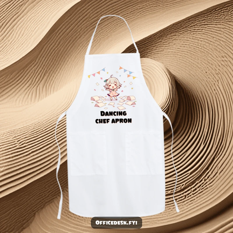 Funny Apron: Character dancing freely amidst scattered papers, bringing a joyful vibe to the kitchen. A unique funny gift.