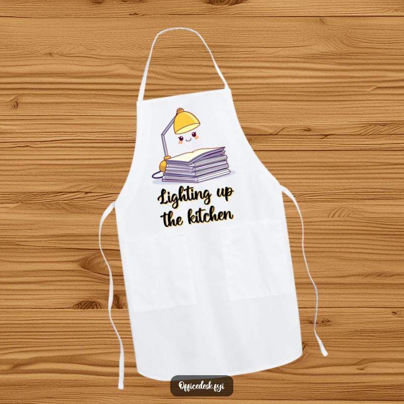 Funny desk lamp apron, a miniature grinning lamp character illuminating a pile of papers, humorous kitchen wear.