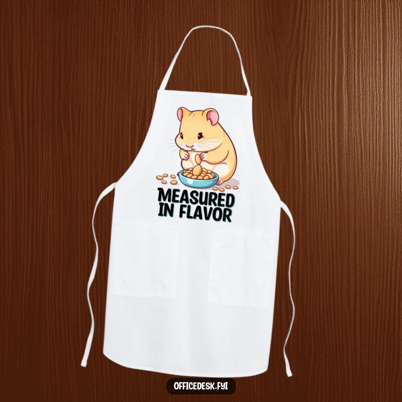 Funny apron with a determined hamster carefully measuring exactly one seed on a tiny scale, a symbol of precise culinary effort.