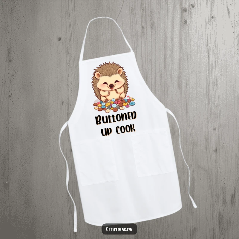 Funny apron with a gleeful hedgehog dedicated to organizing its vast array of tiny buttons, highlighting a cute and precise hobby.