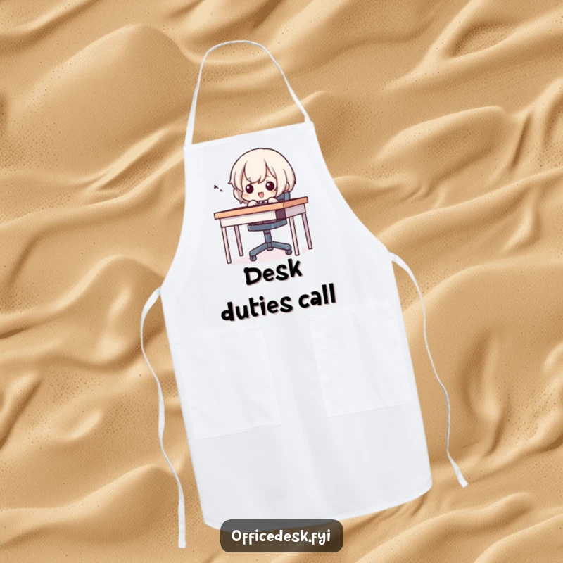 Funny apron depicting a small character hilariously trying to fit into a tiny chair, perfect for kitchen comedy.