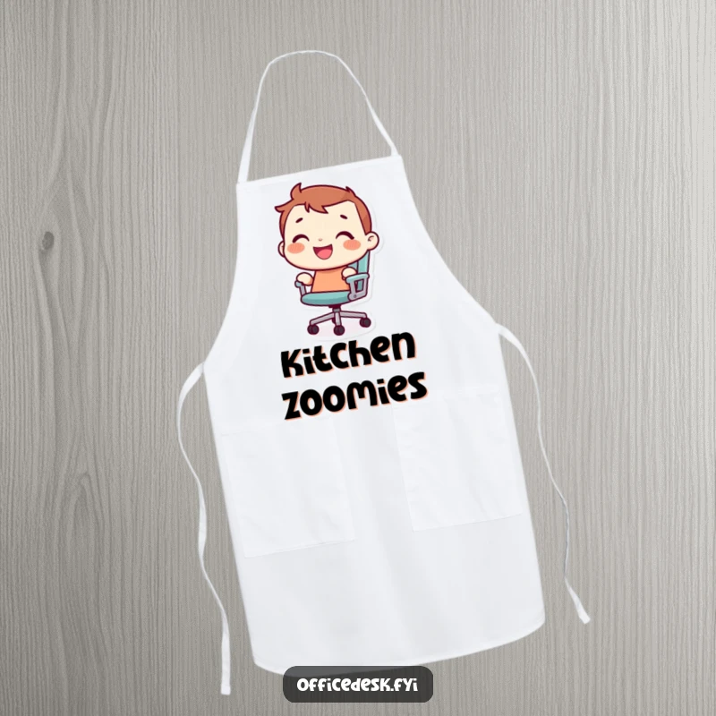 Funny tiny character with a joyful grin, riding a rolling office chair on a humorous kitchen apron.