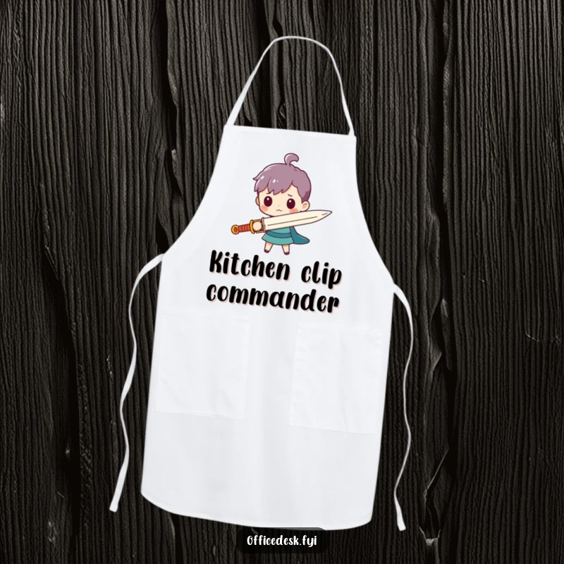 Funny apron showing a tiny character with a large paperclip sword, perfect for humorous kitchen battles.