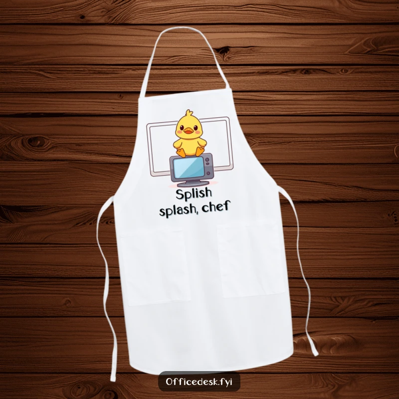 Funny apron with a small rubber duck sitting on a monitor, looking amused at recipes.