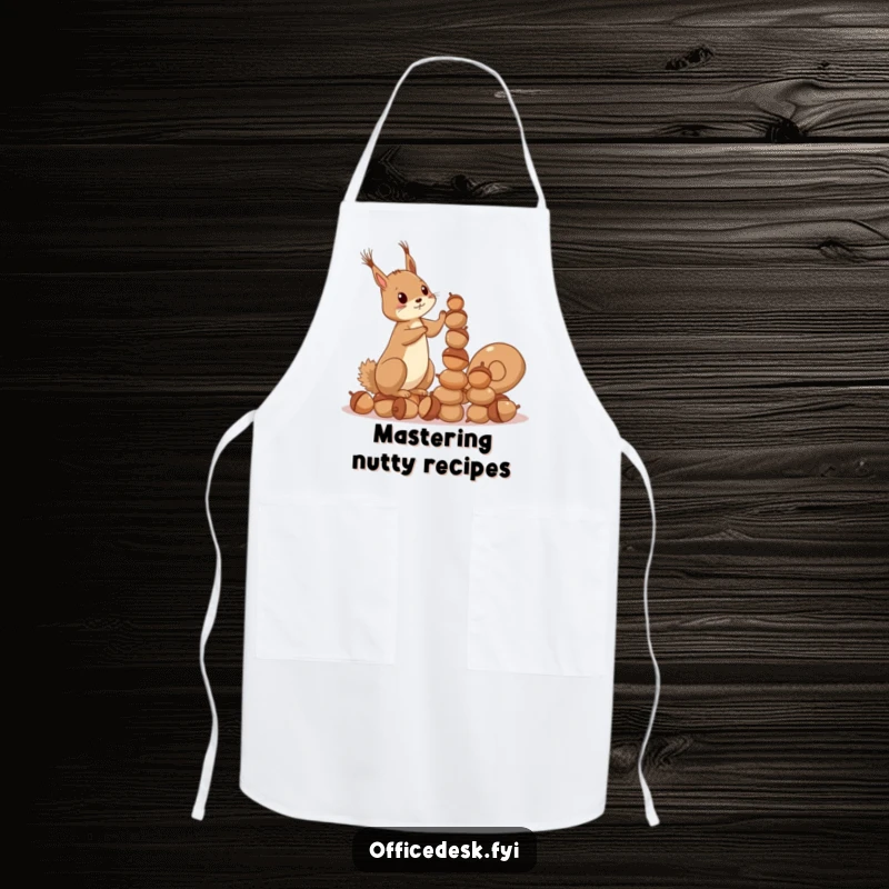 Funny Squirrel Acorn Apron: A playful squirrel stacking acorns, designed for kitchen duties with a humorous, ambitious touch.