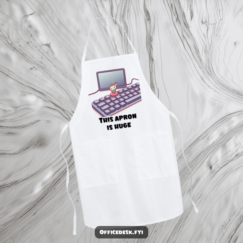Funny apron showing a small character triumphantly hitting a tiny button on a large keyboard, perfect for humorous kitchen tasks.