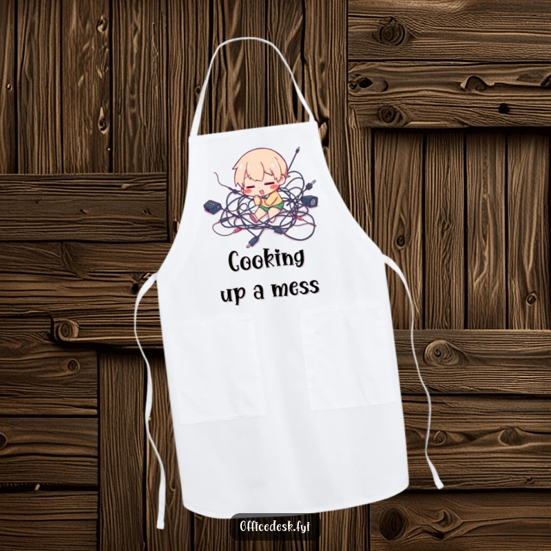 Funny apron showing a character comically tripping over a massive tangle of wires, blending kitchen needs with tech humor.