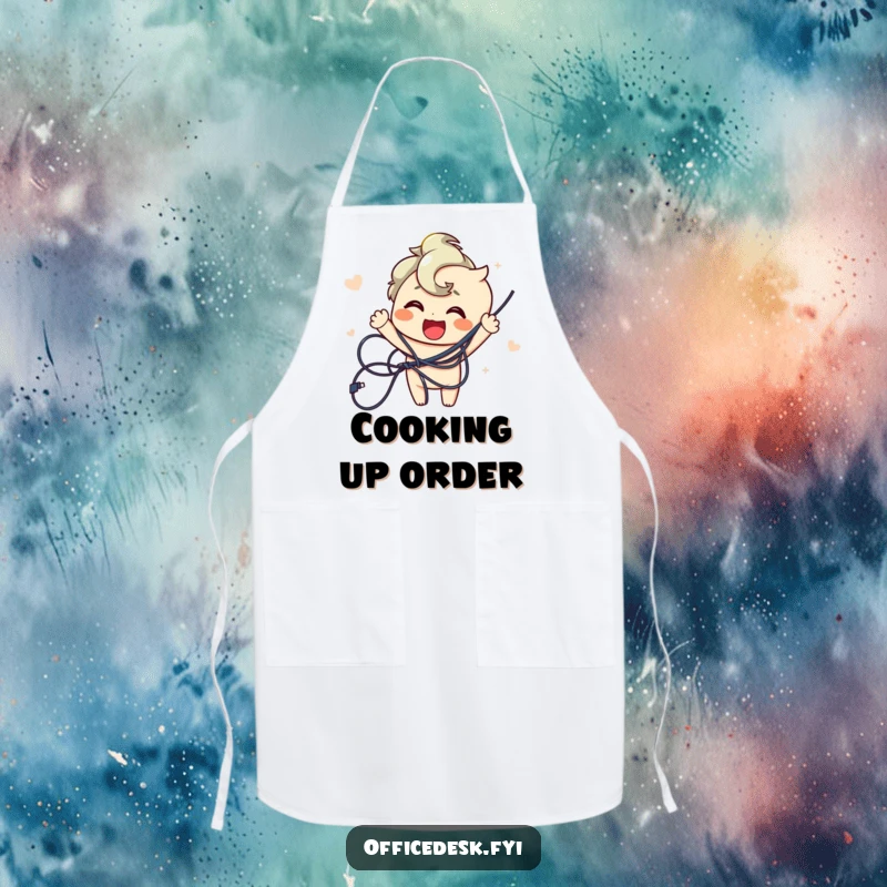 Funny apron starring a joyful character triumphantly untangling a messy knot of wires, ideal for a clean and happy kitchen.