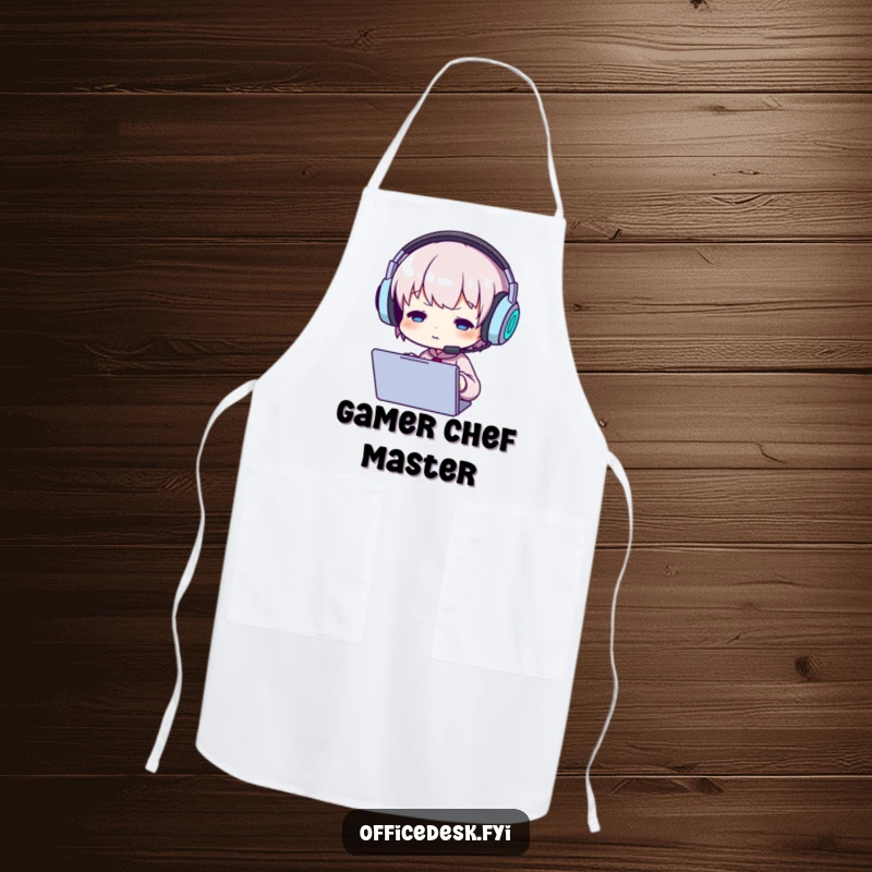 Funny apron featuring a small character with a huge headset, looking intently at a screen, ready for culinary quests.