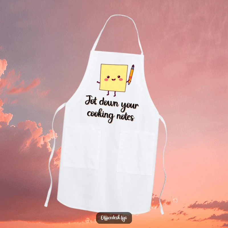 Funny apron displaying a cheerful sticky note character dancing enthusiastically with a little pen, ideal for kitchen fun.