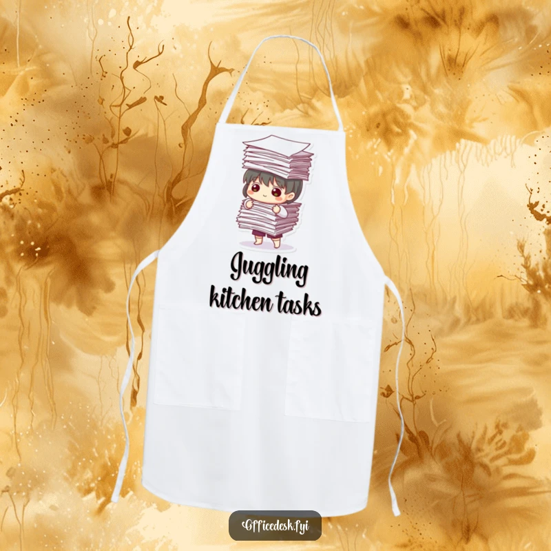 Funny Apron: Character focused on balancing a massive stack of papers, adding humor to kitchen duties.