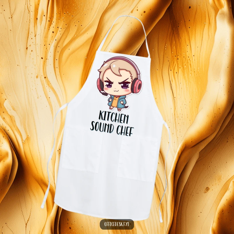 Funny apron featuring a cute mouse with a mischievous smirk, wearing an oversized gaming headset, ready for kitchen challenges.