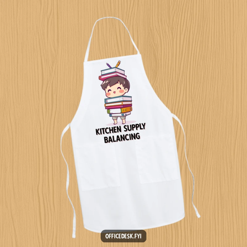 Funny apron featuring a cute character happily balancing a precarious assortment of office supplies, perfect for humorous work tasks.