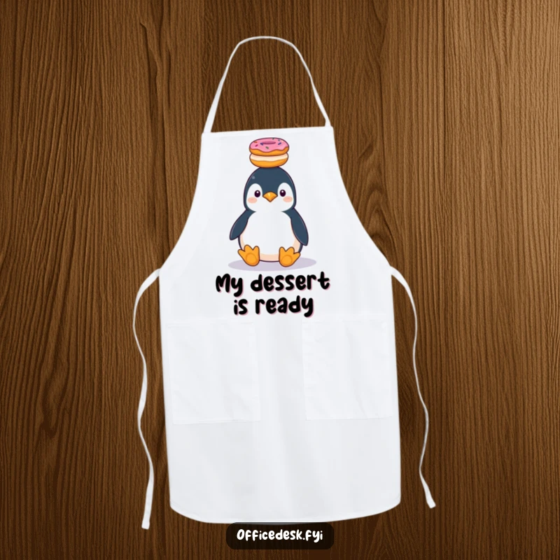 Funny penguin balancing a stack of donuts, durable apron for kitchen sweetness and humor.
