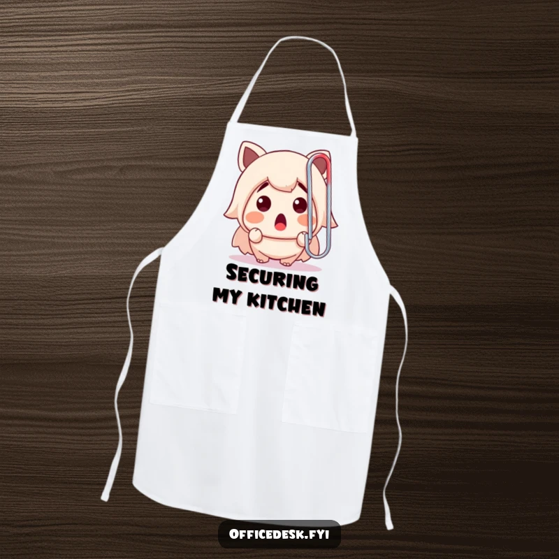 Funny apron showing a cute character surprised by a colossal paperclip, perfect for a humorous cook during meal prep.