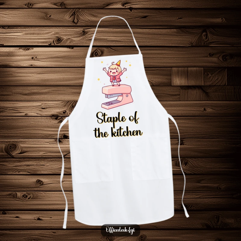 Funny apron showing a character dancing on a stapler, perfect for humorous cooking sessions and celebratory meals.