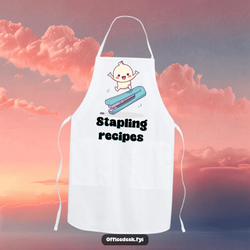 Funny Apron: A cute character joyfully leaping over a large, fallen staple remover, symbolizing playful engagement with tasks.
