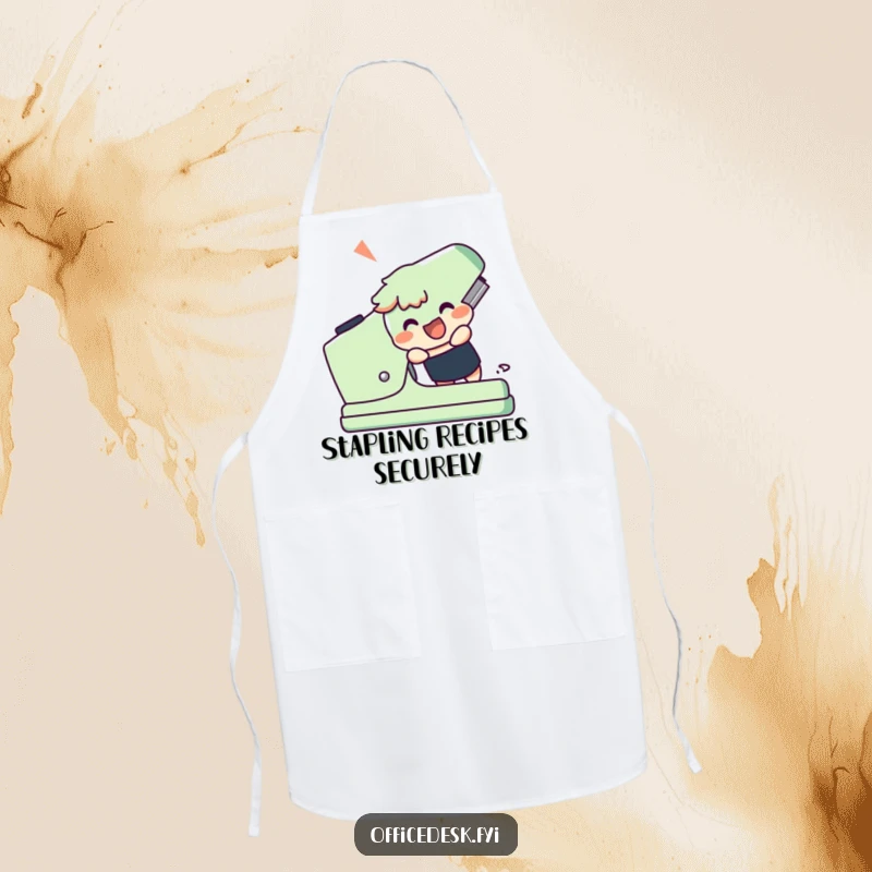Funny apron featuring a cheerful character enthusiastically using a giant stapler, perfect for humorous work tasks.