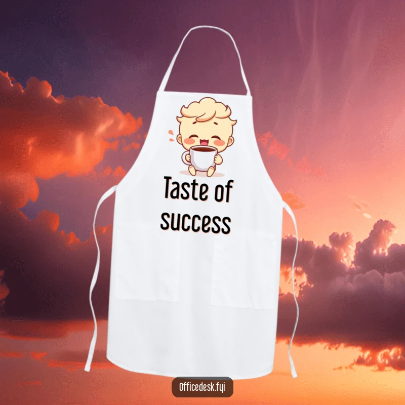 Funny apron featuring a cheerful character taking a satisfied sip from a coffee mug, ideal for happy cooks.