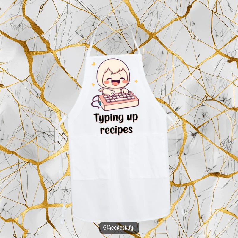 Funny Apron: Character joyfully typing at high speed on a miniature keyboard, adding tech flair to the kitchen.