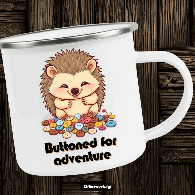 Funny camping mug featuring a happy hedgehog meticulously sorting its tiny button collection, ready for any adventure with cute precision.