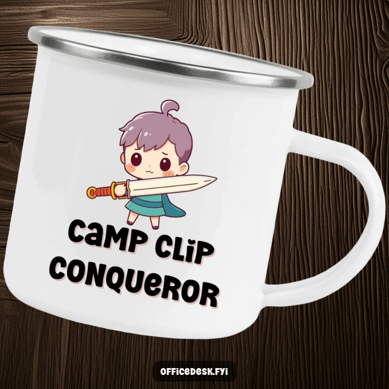 Funny camping mug showing a tiny character with a large paperclip sword, perfect for humorous outdoor quests.