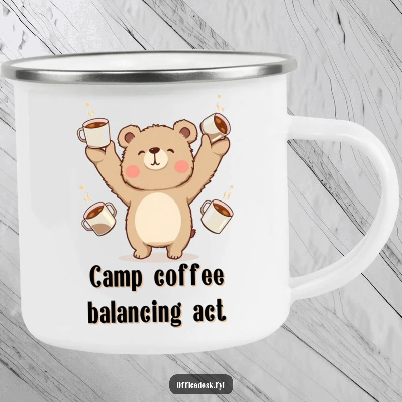 Rugged camping mug with a funny bear precariously juggling coffee cups, outdoor coffee humor.