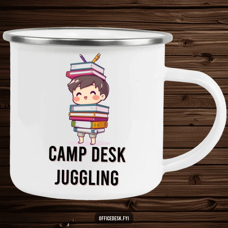 Funny camping mug featuring a cute character balancing a precarious stack of office supplies, ideal for work break humor.