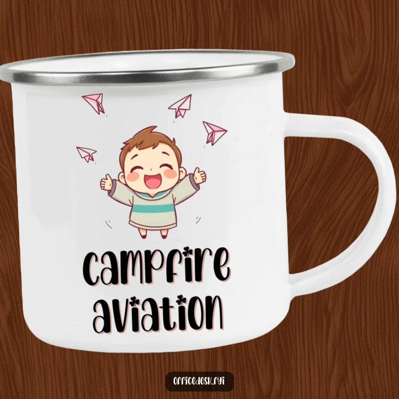 Funny Paper Airplane Camping Mug: Cheerful character making paper airplanes that soar erratically, ideal funny gift.