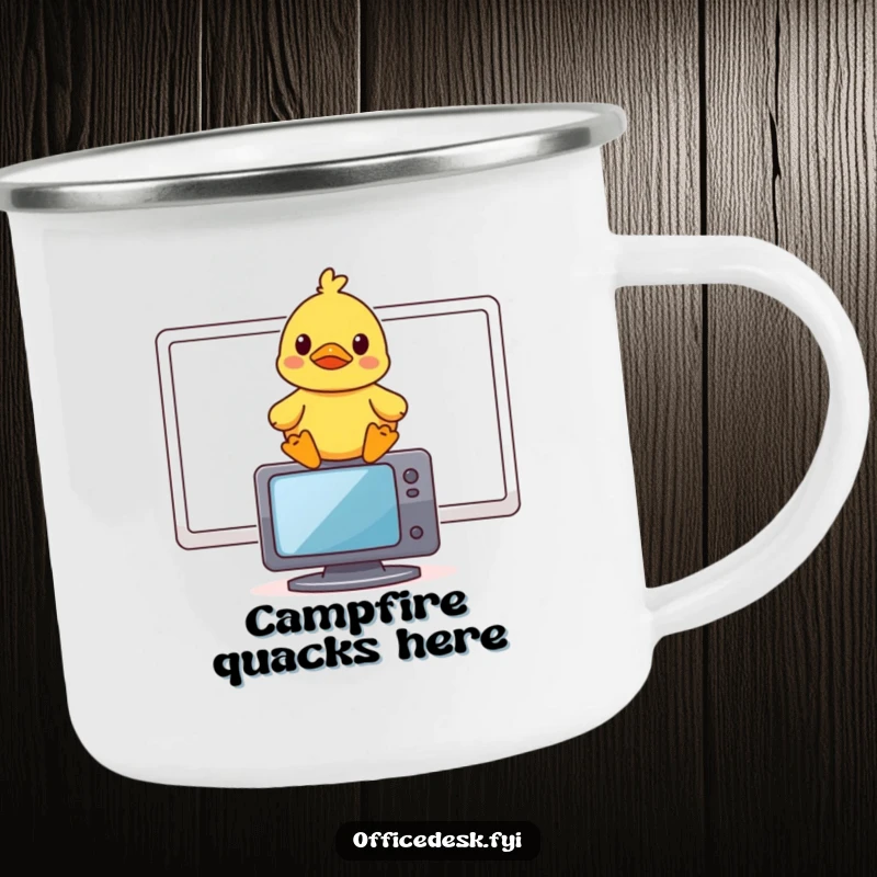 Funny camping mug with a small rubber duck perched on a monitor, looking amused.
