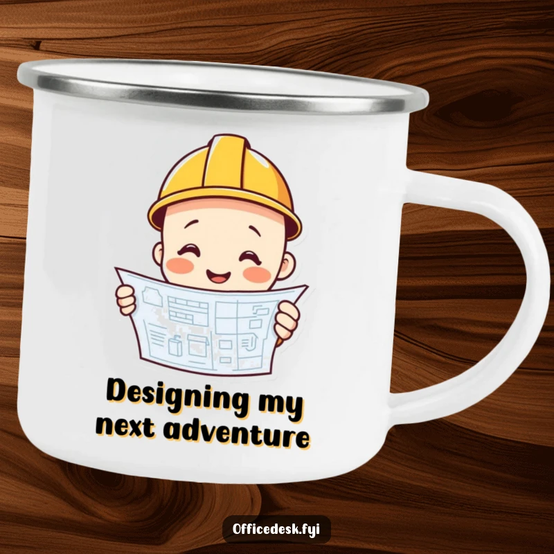 Funny construction worker smiling, hard hat, blueprint design, camping mug, outdoor humor, funny gift.