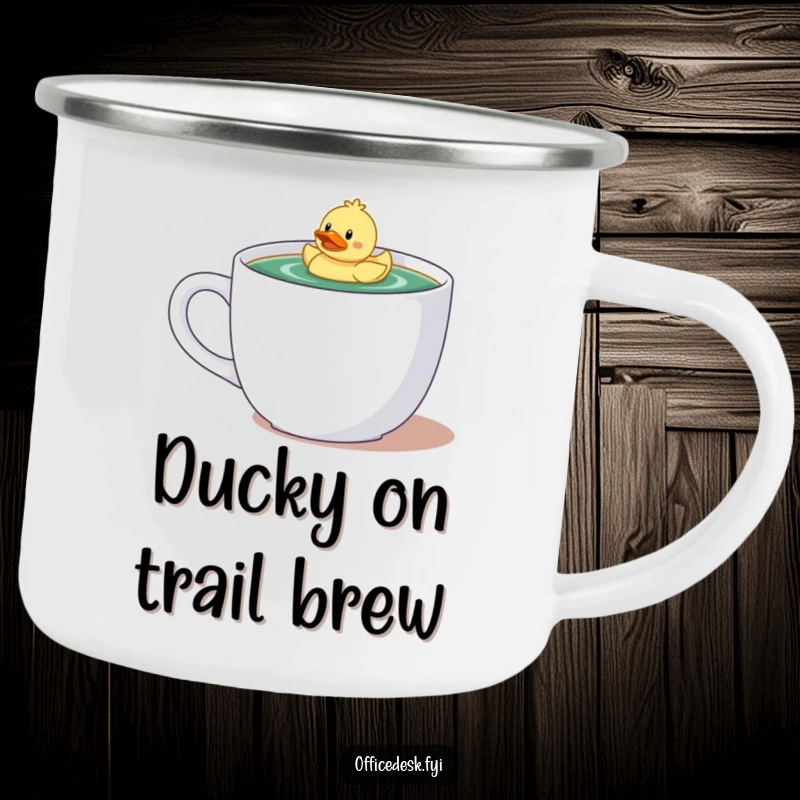 Funny camping mug showcasing a tiny character with a rubber ducky floating happily in a giant coffee mug, ideal for outdoor humor.